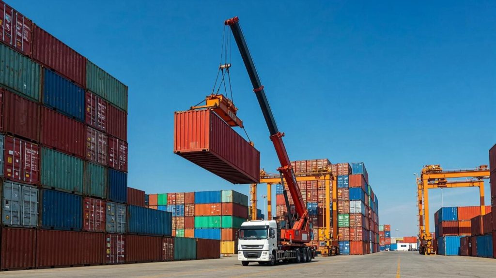 Shipping containers being loaded by a crane at a port, representing logistics to export car from Dubai to international destinations.